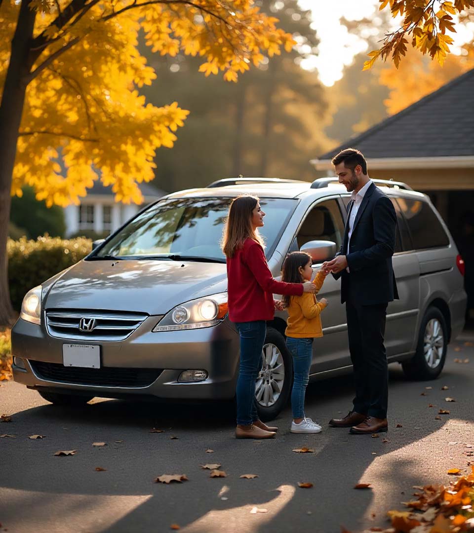 Eine Familie übergibt ein Auto an einen Händler beim Autoankauf Schwabach vor dem Haus